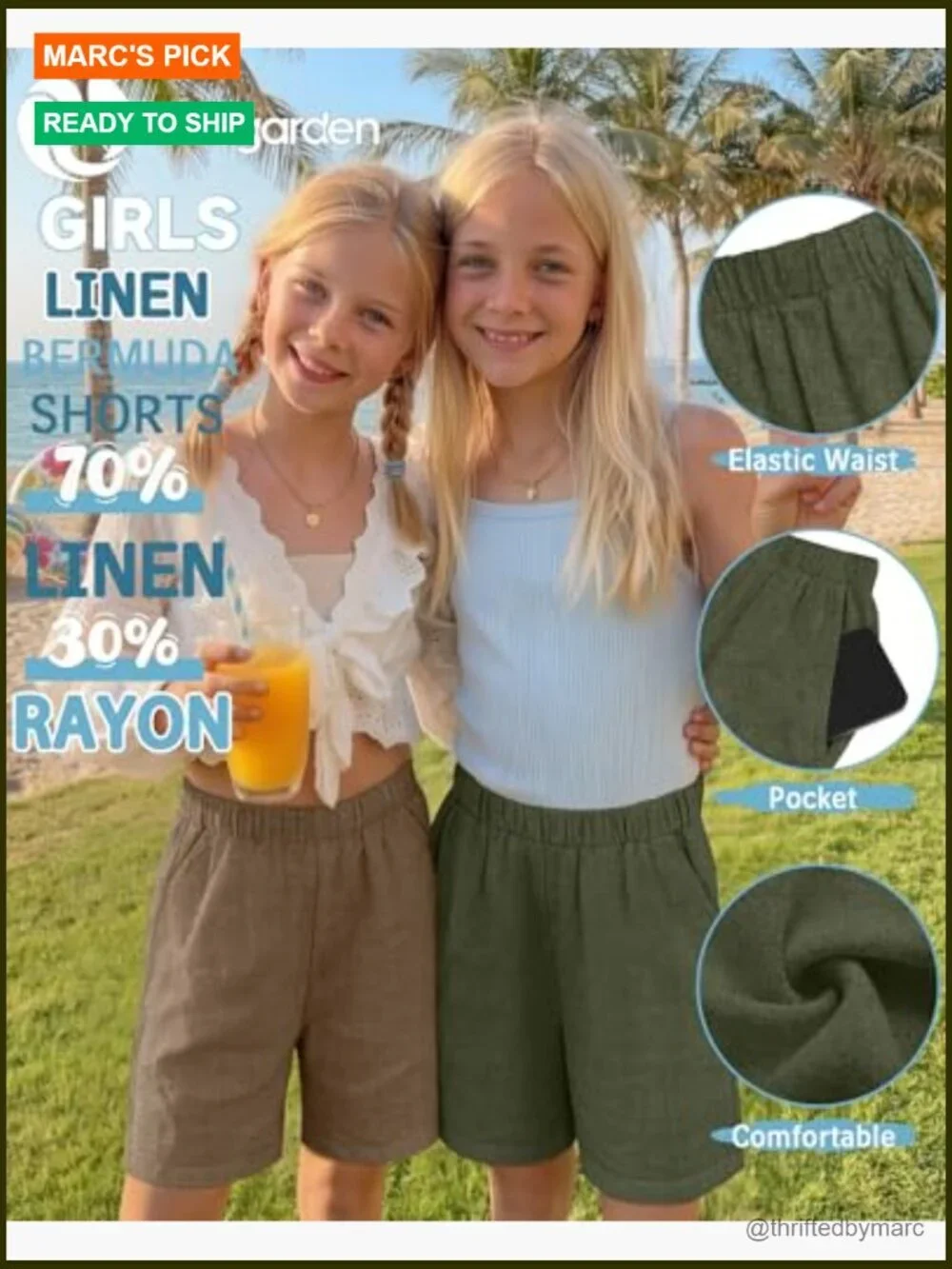 Girls Linen Bermuda Shorts 3 Pack Elastic Waist Knee Length with Pockets
